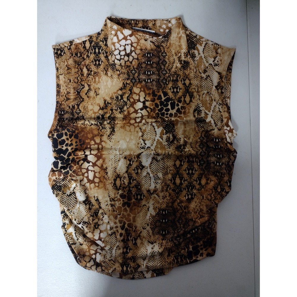 Jules & Leopold Womens Animal Print Mock Neck Ruched Sleeveless Top Brown L